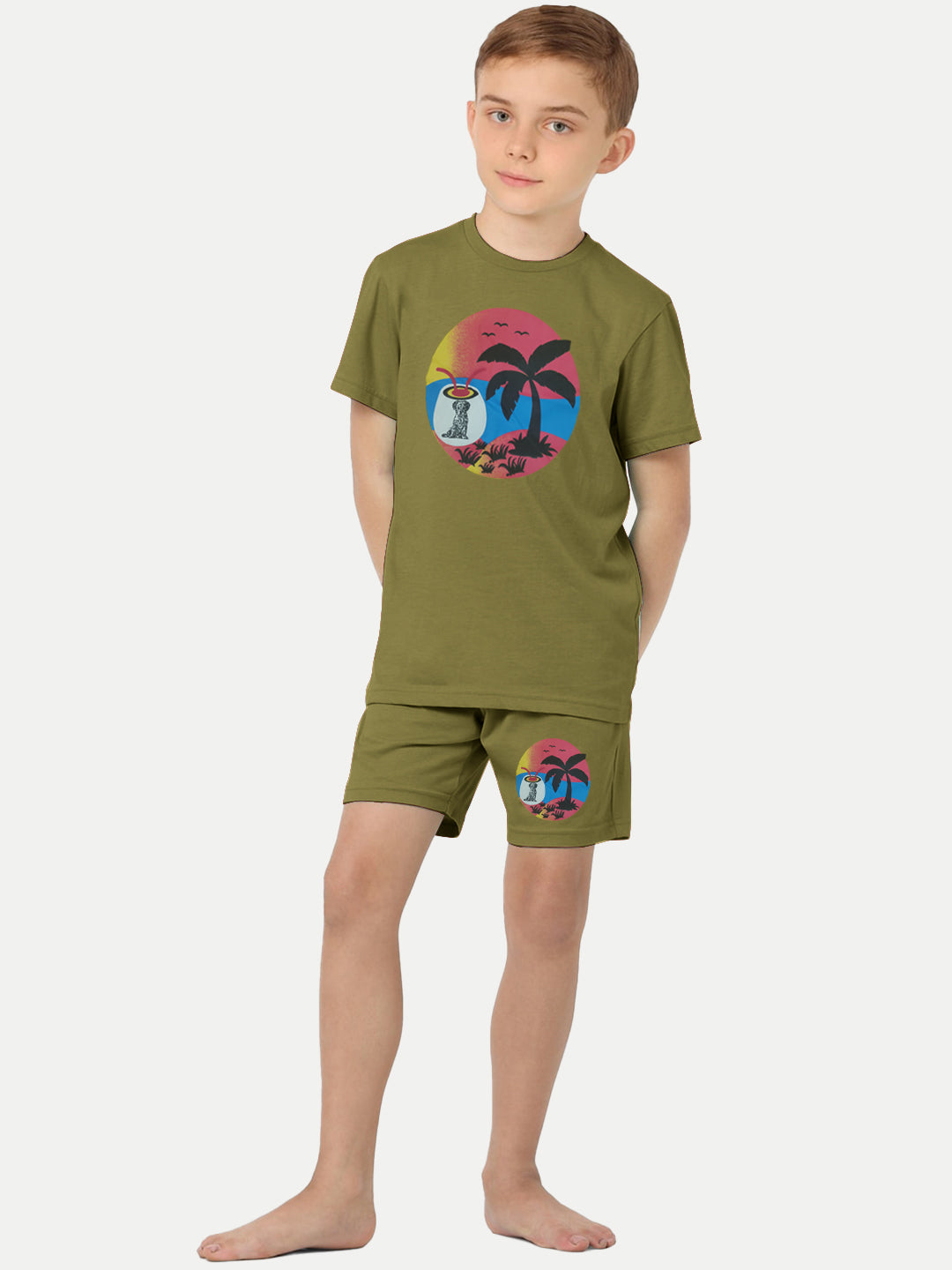 Radprix Kid Boys Olive Printed Shorts and Tees set with summer print