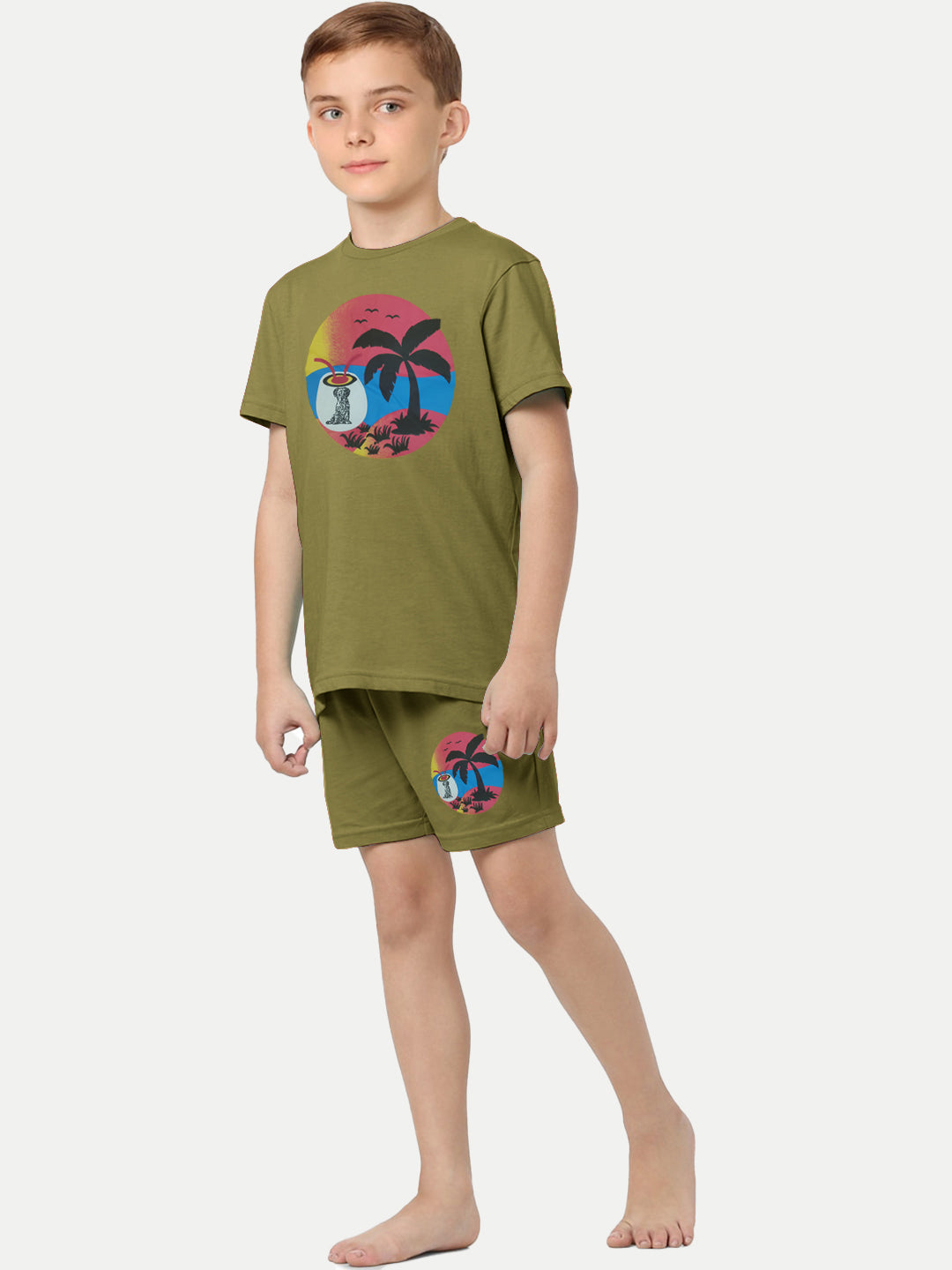 Radprix Kid Boys Olive Printed Shorts and Tees set with summer print