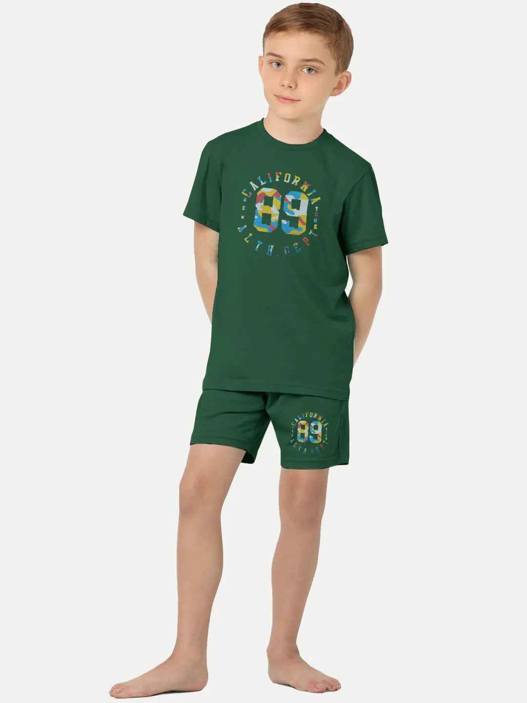 Radprix Kid Boys Dark Green Printed Shorts and Tees set with summer print