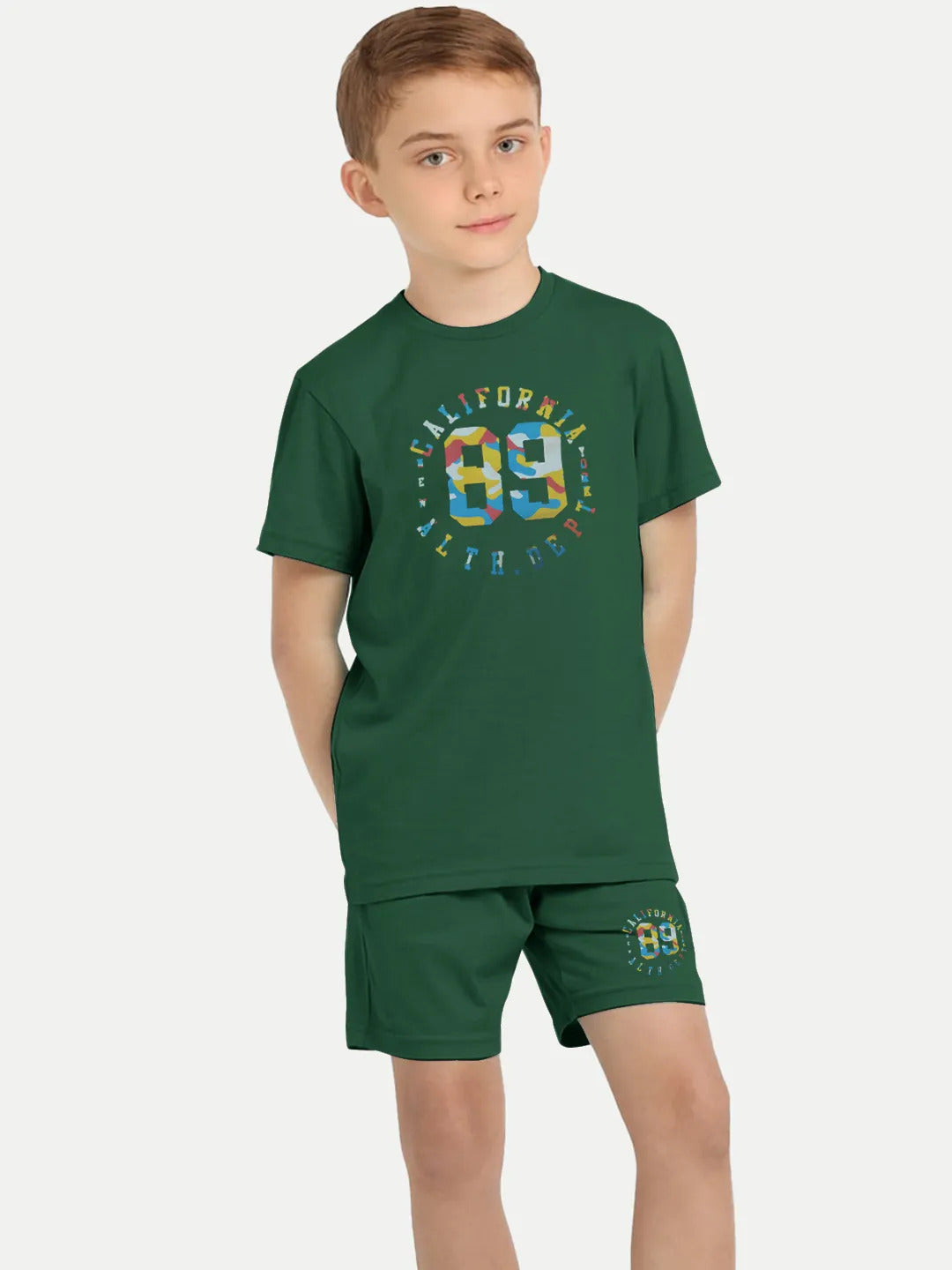 Radprix Kid Boys Dark Green Printed Shorts and Tees set with summer print