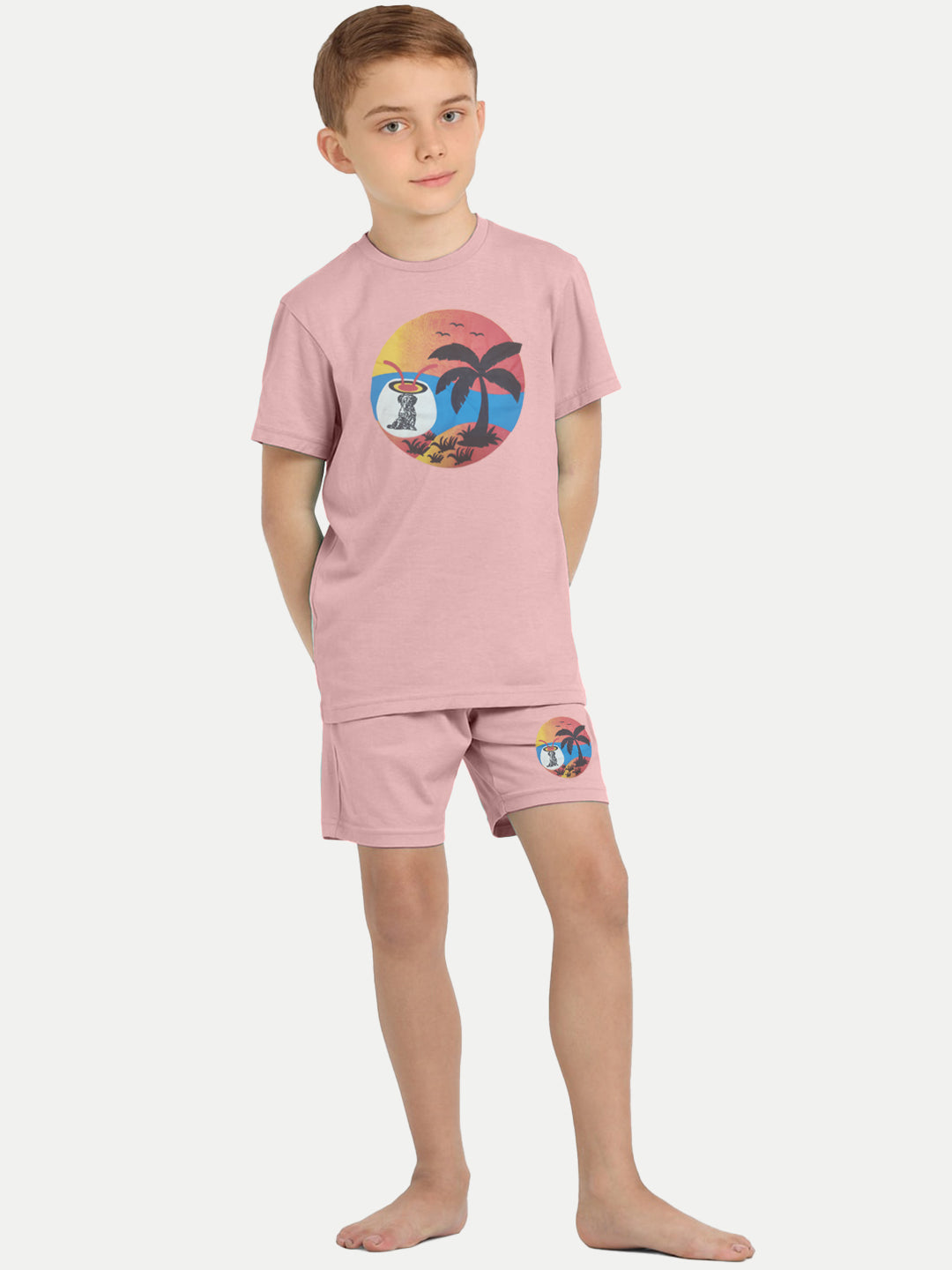 Radprix Kid Boys Light Pink Printed Shorts and Tees set with summer print