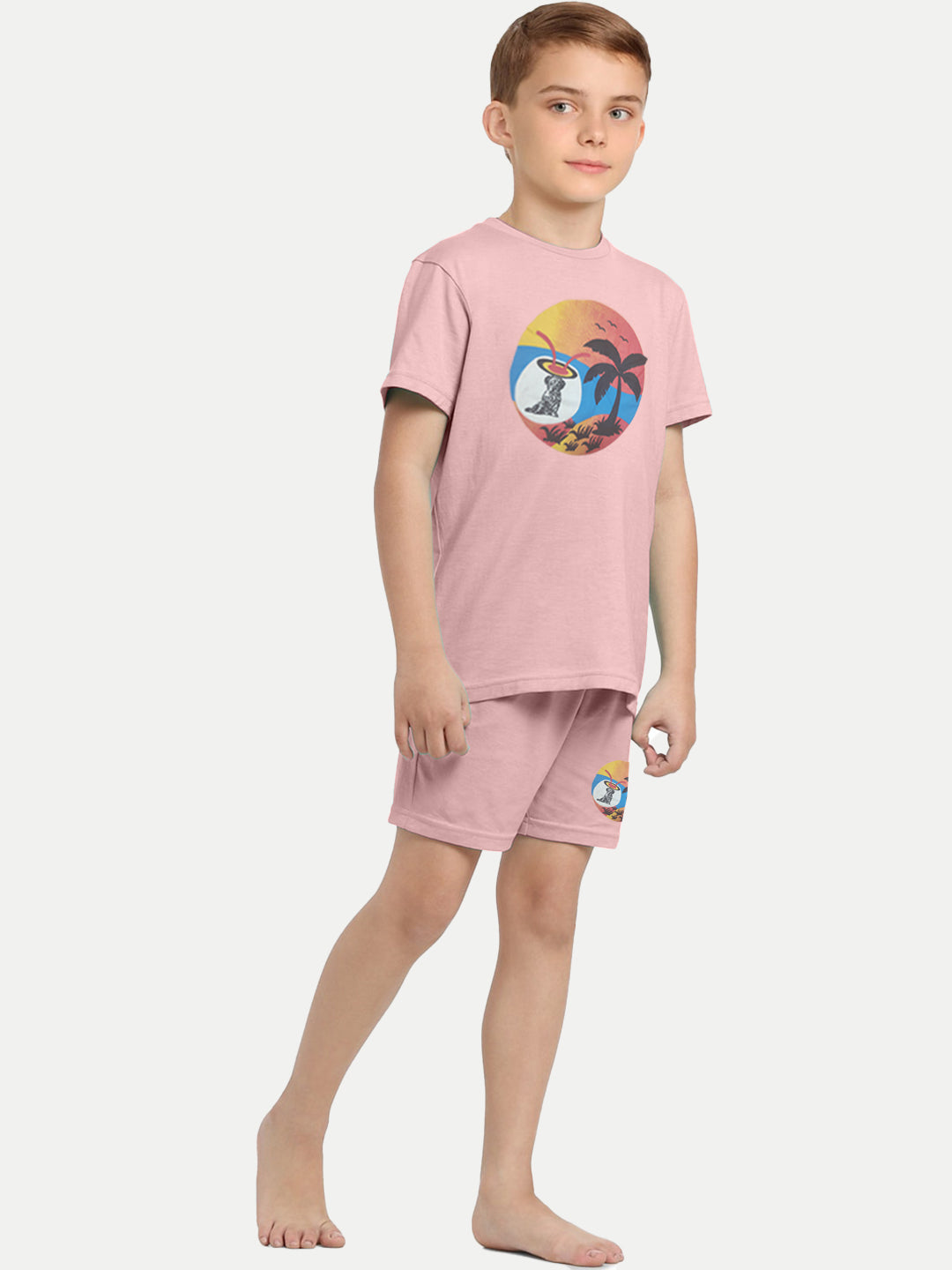 Radprix Kid Boys Light Pink Printed Shorts and Tees set with summer print