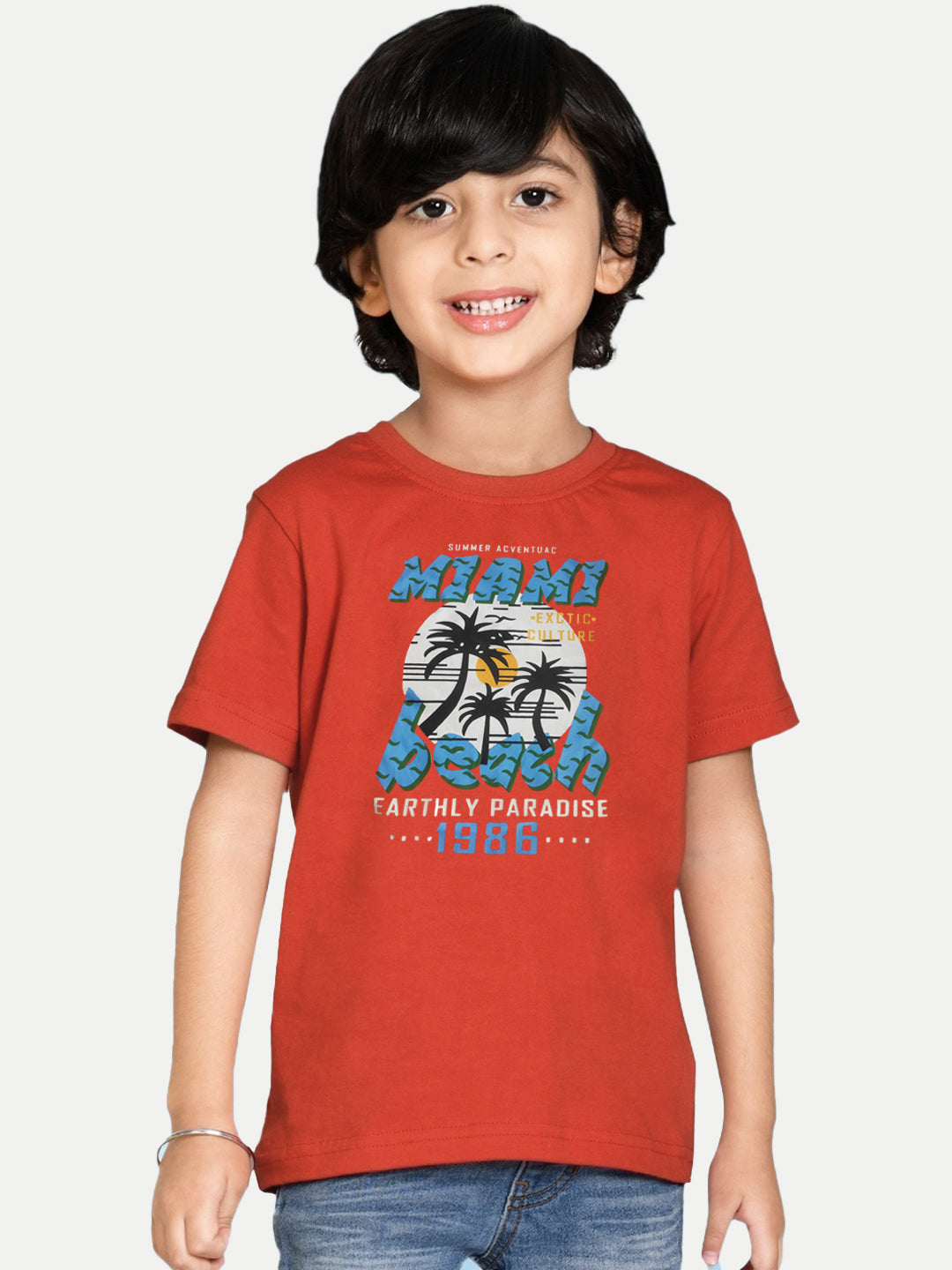 Radprix Kids Boys Orange Printed Tees with Miami Beach Print