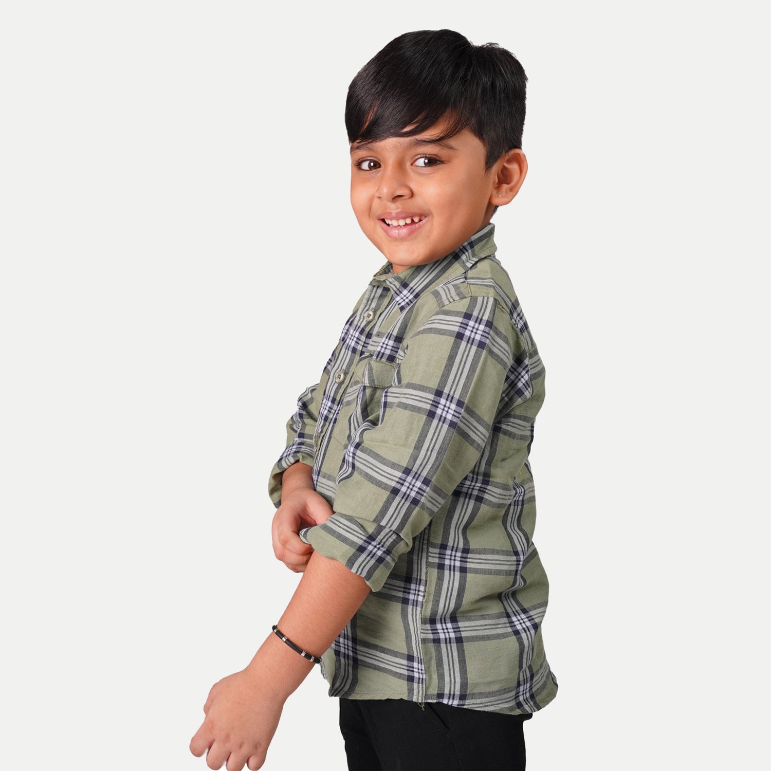 Radprix Kid Boys Sage Green Double pocket Checked Cotton Shirts