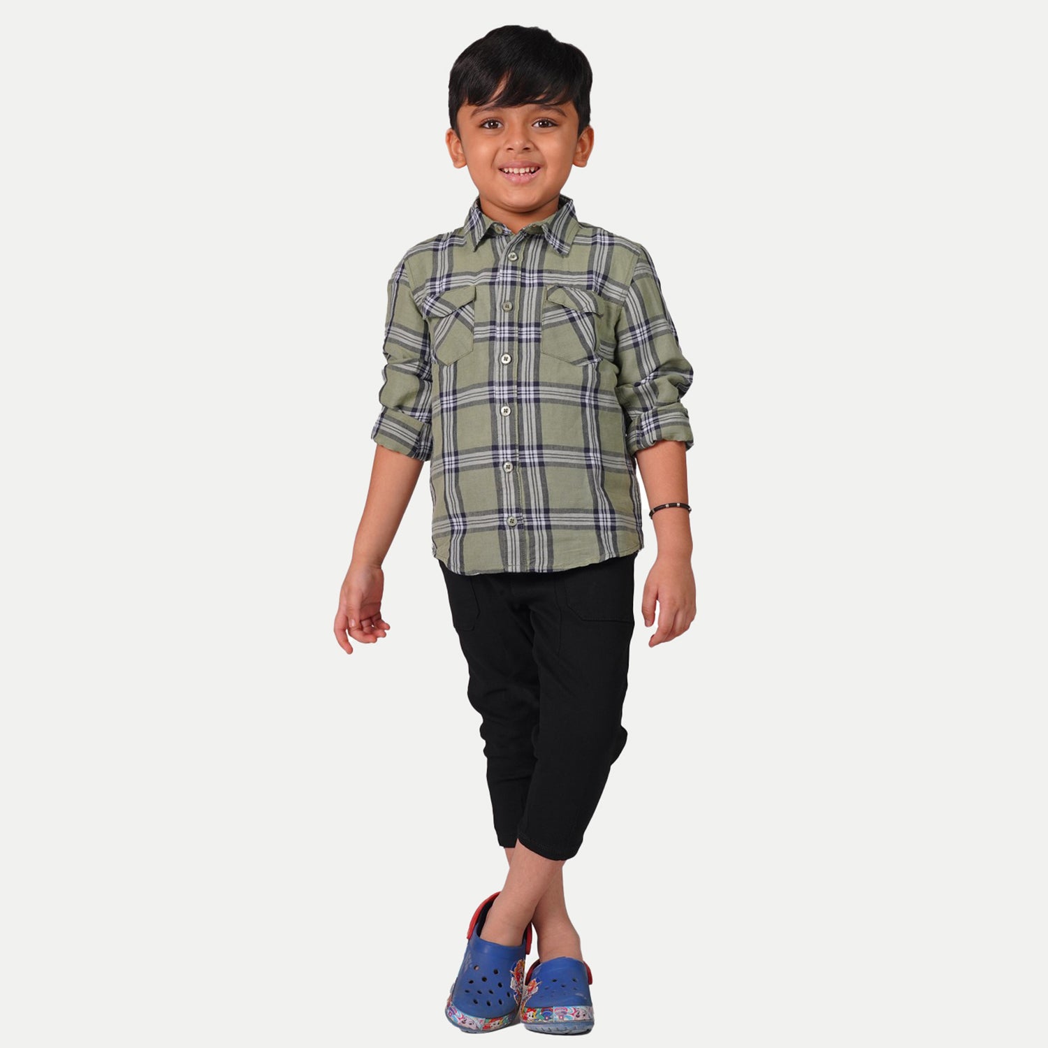 Radprix Kid Boys Sage Green Double pocket Checked Cotton Shirts