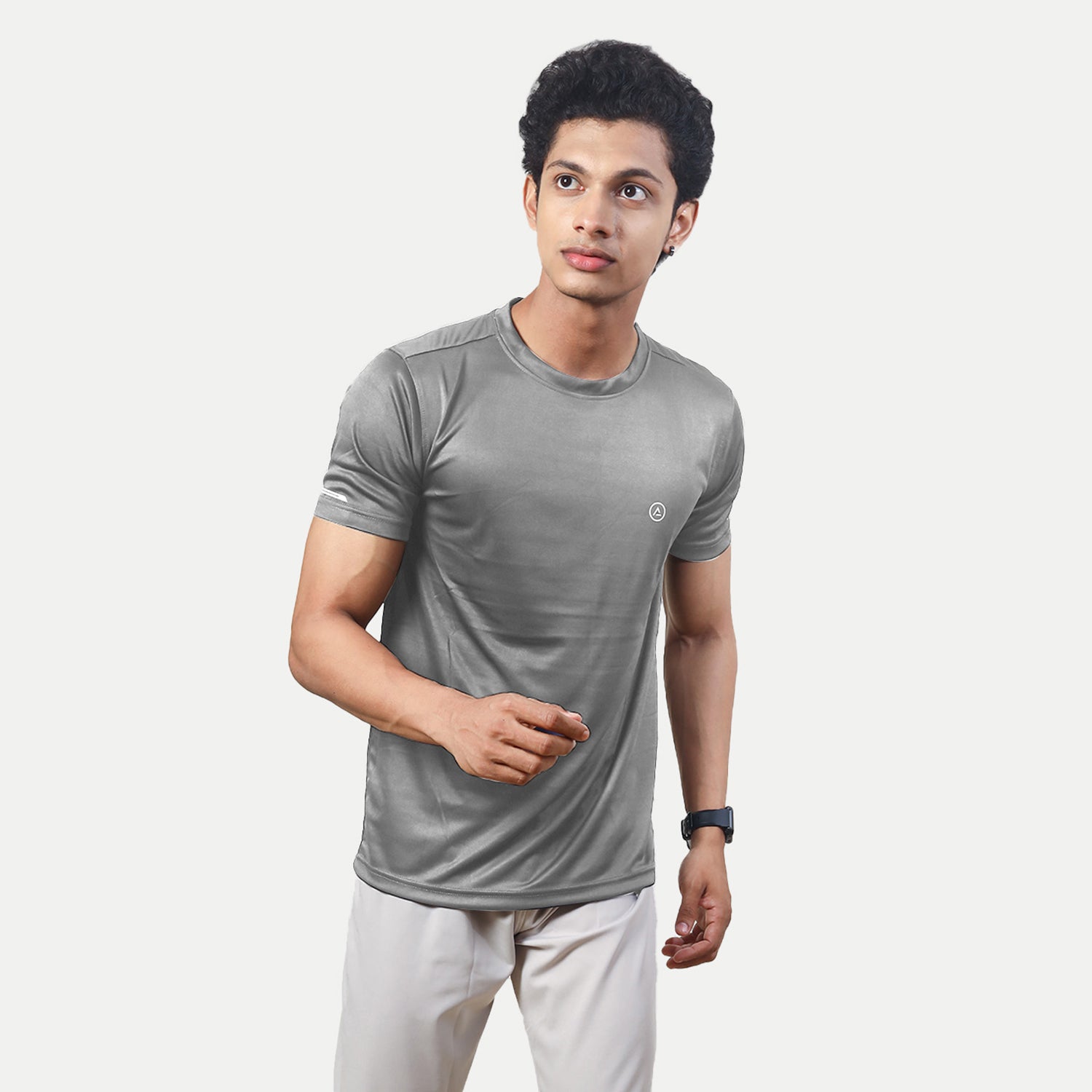 Radprix Men Light Grey Polyester Active Round Crew neck T-Shirt