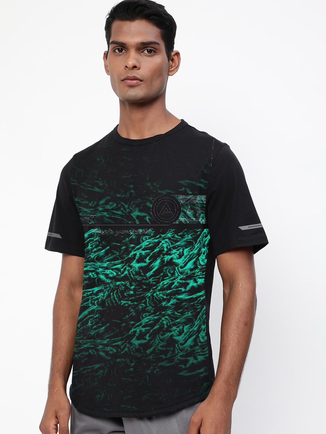 Radprix Men Black Graphic Printed and textured polyester T-shirt