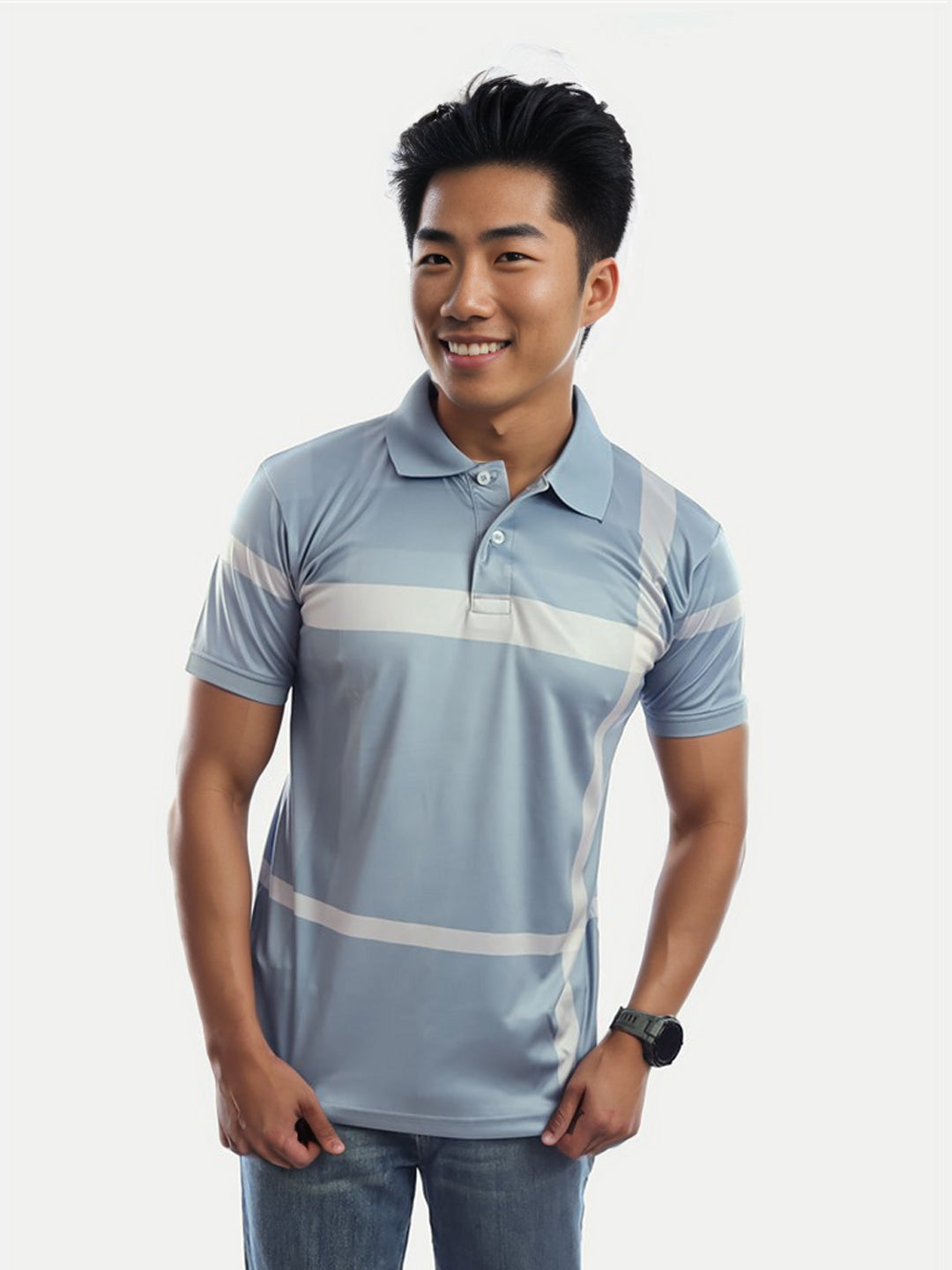 Radprix Men Light Blue Colour Block Polo T-shirt