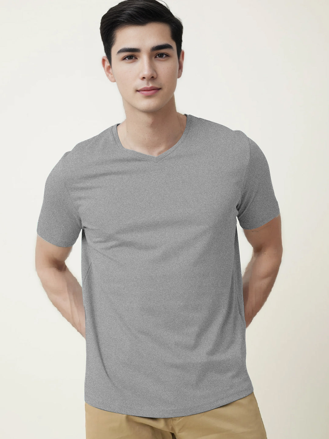 Radprix Men Grey Melange V neck T-shirt