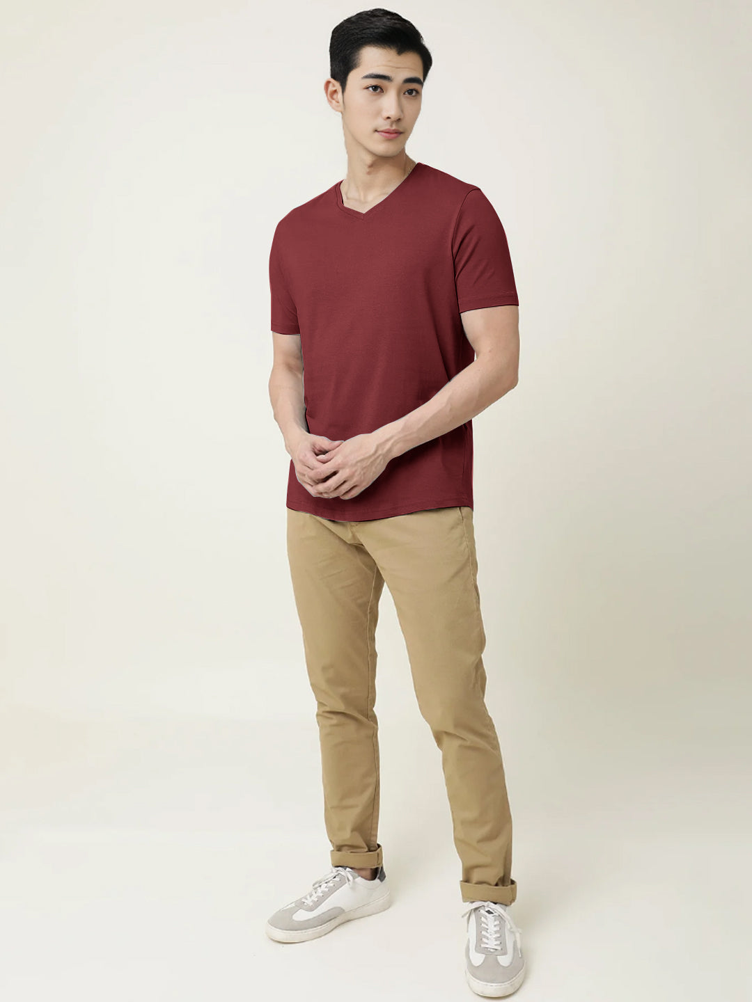 Radprix Men Maroon V neck T-shirt