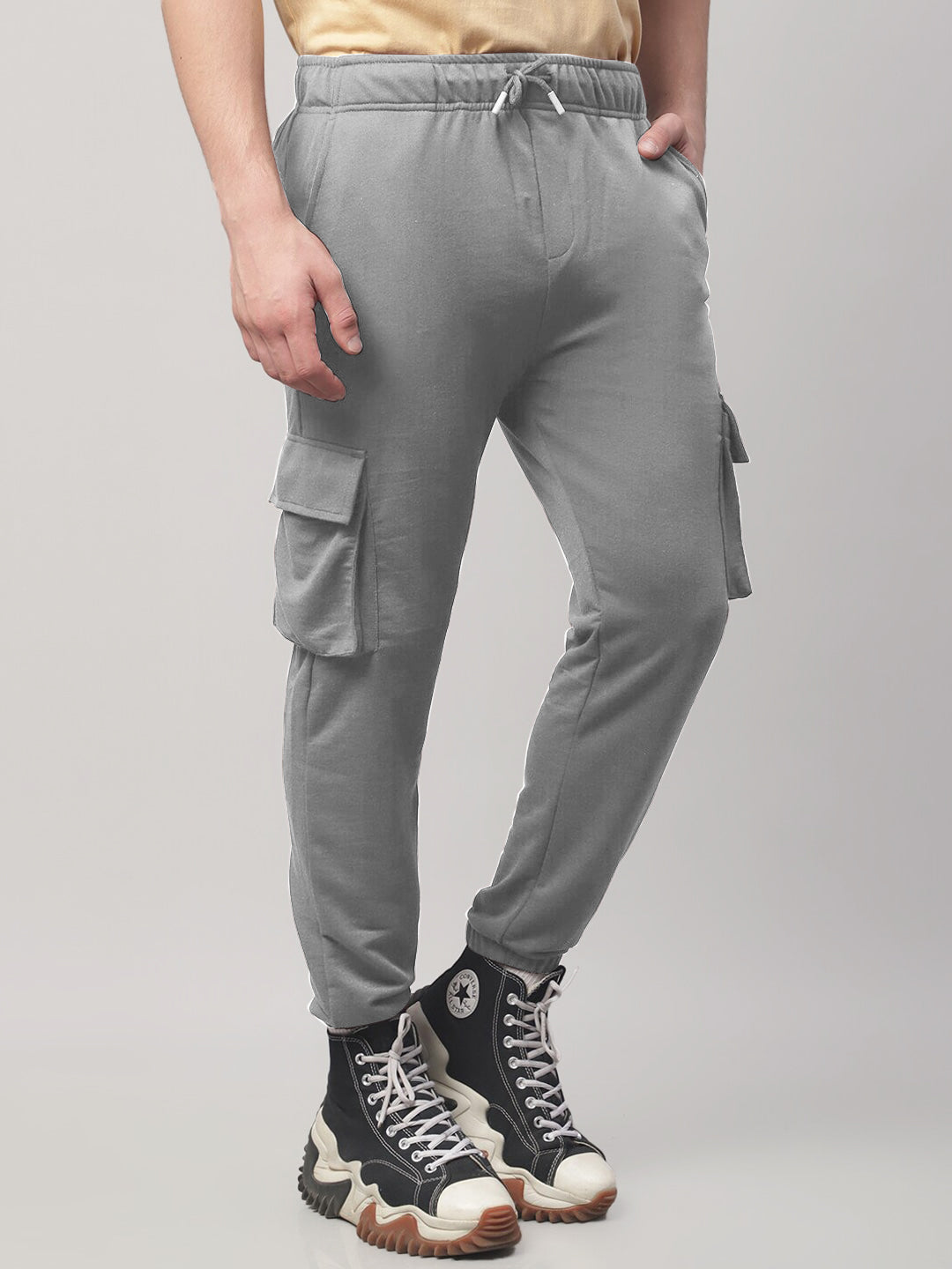 Radprix Men Light Grey Cotton Textured Cargo Joggers