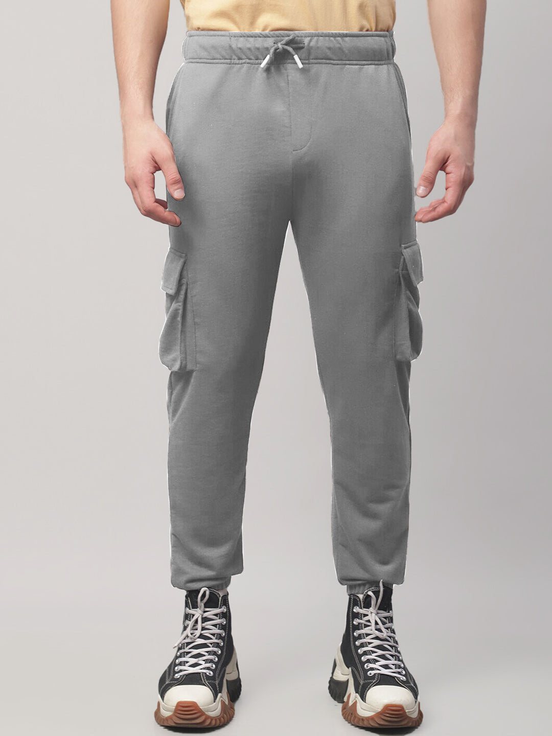 Radprix Men Light Grey Cotton Textured Cargo Joggers