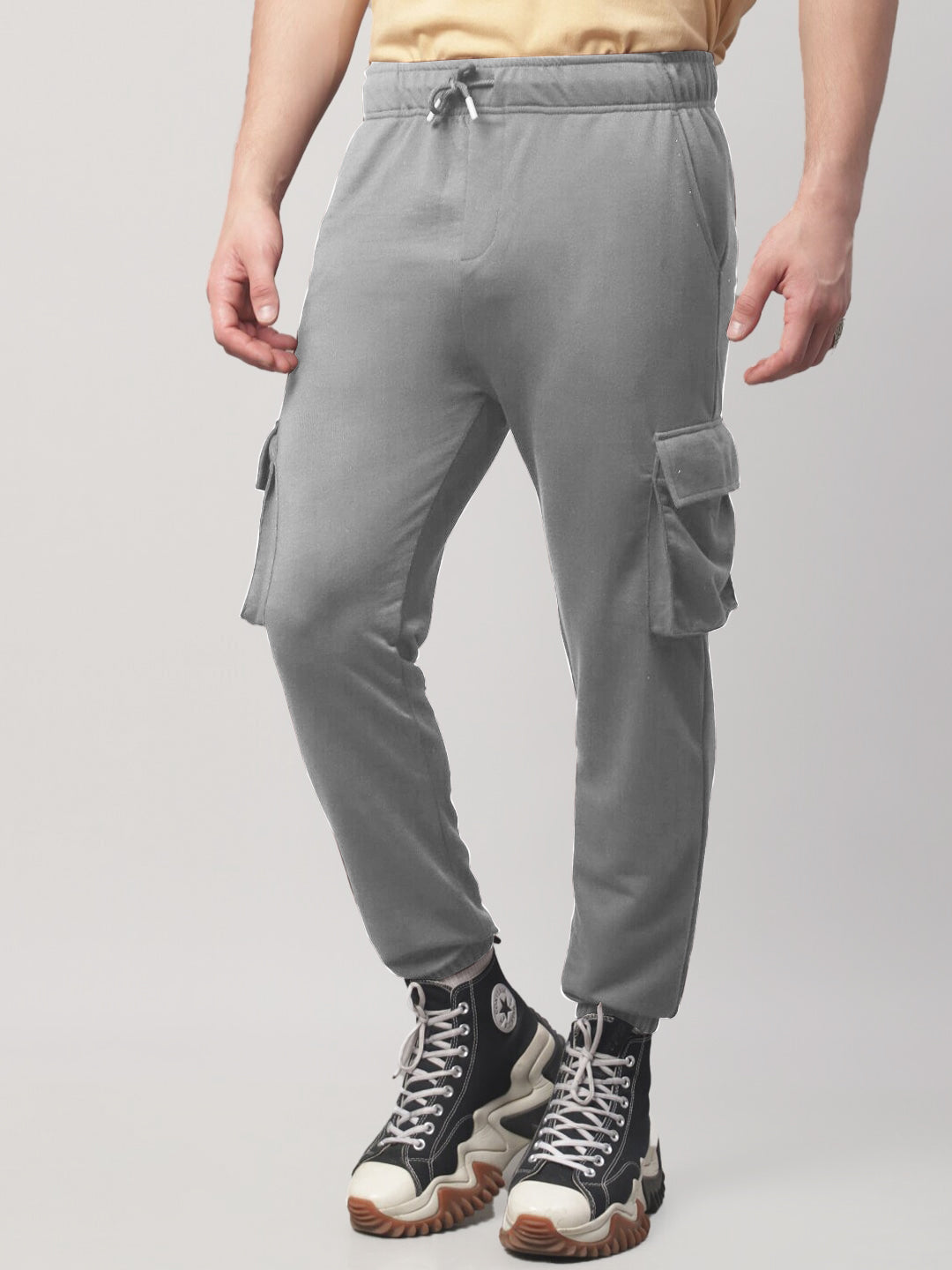 Radprix Men Light Grey Cotton Textured Cargo Joggers