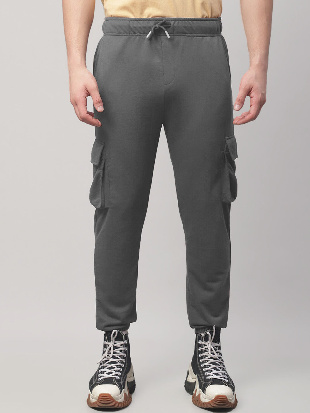 Radprix Men Dark Grey Cotton Textured Cargo Joggers