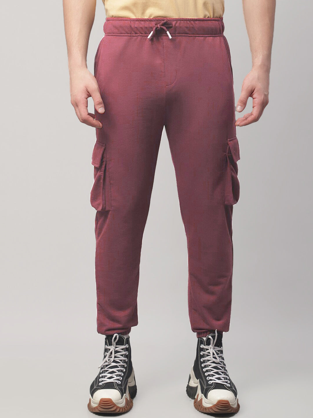 Radprix Men Maroon Cotton Textured Cargo Joggers