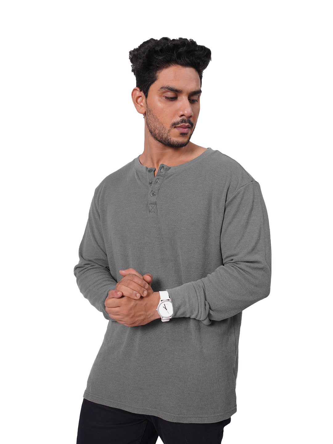 Radprix Men Olive Green Full Sleeve Henley Neck T-Shirt