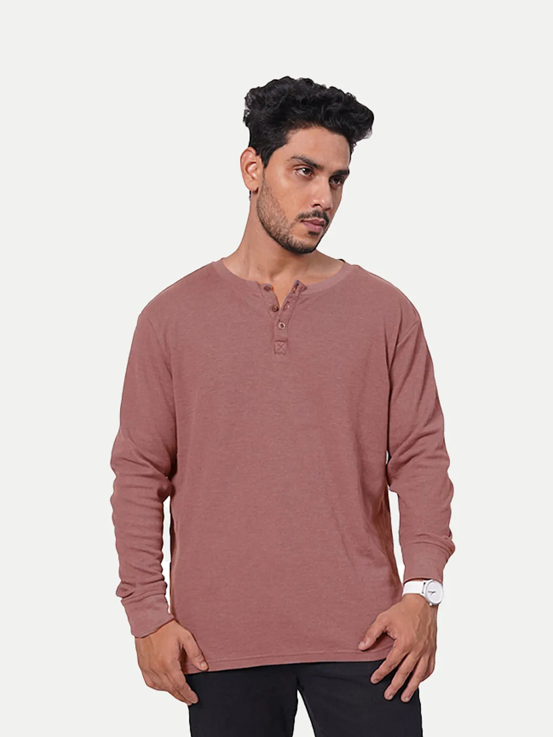 Radprix Men Rust Full Sleeve Henley Neck T-Shirt