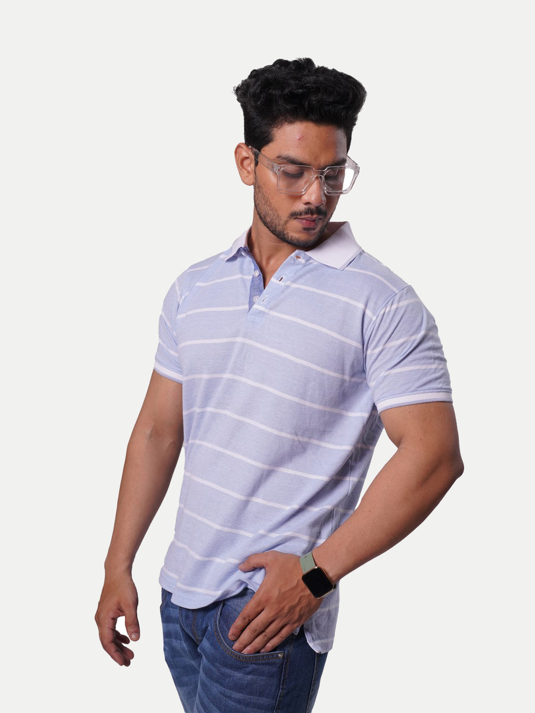 Radprix Men Blue Striped Cotton Polo T-shirt