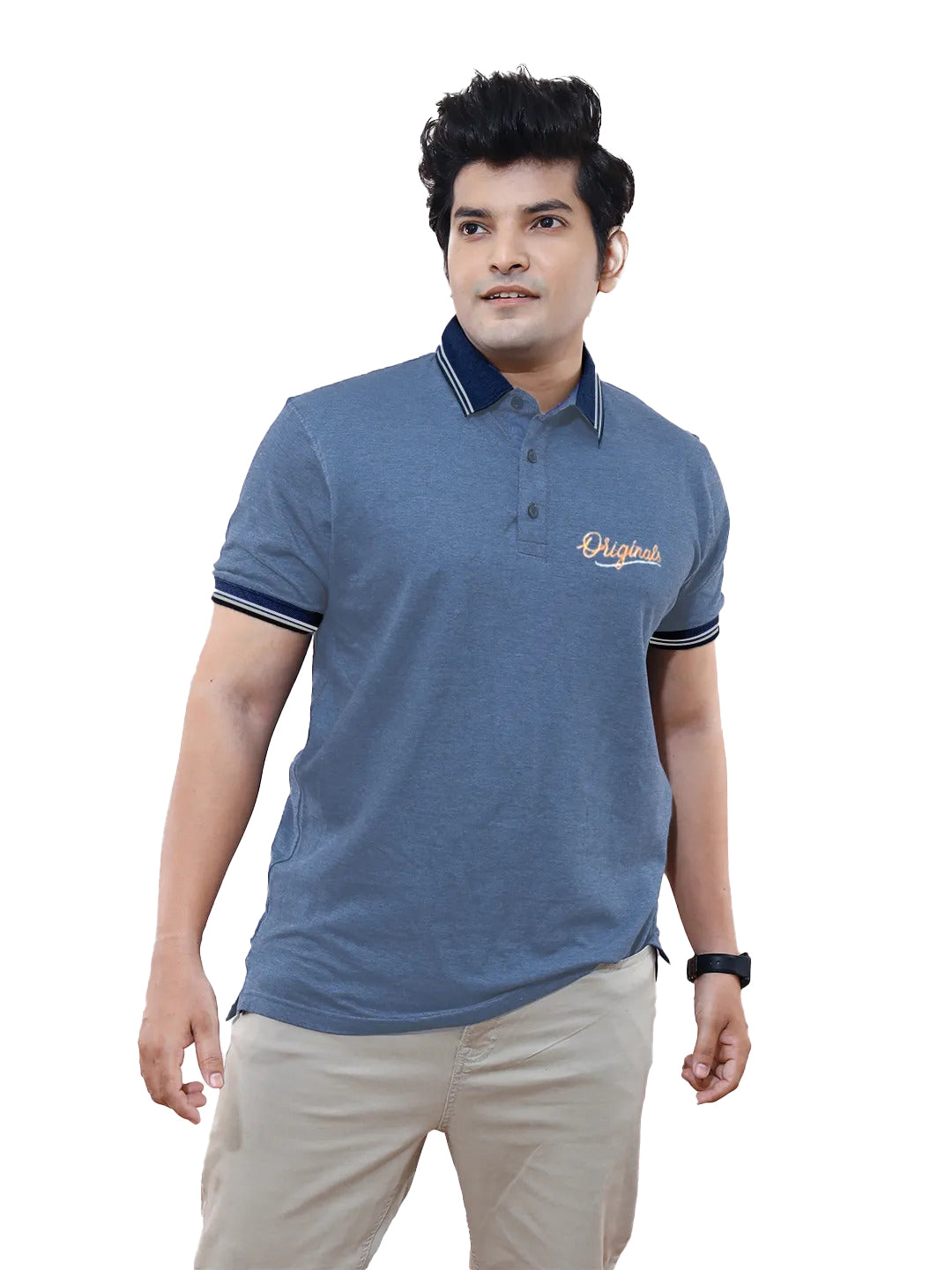 Radprix Men Blue Cotton Jacquard Collar Polo T-Shirt