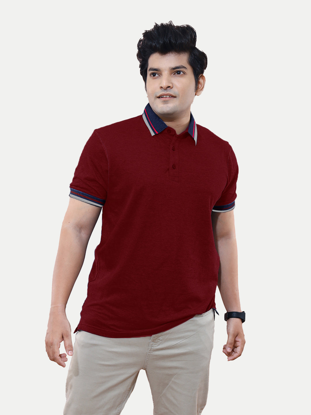 Radprix Men Maroon Cotton Jacquard Collar Polo T-Shirt