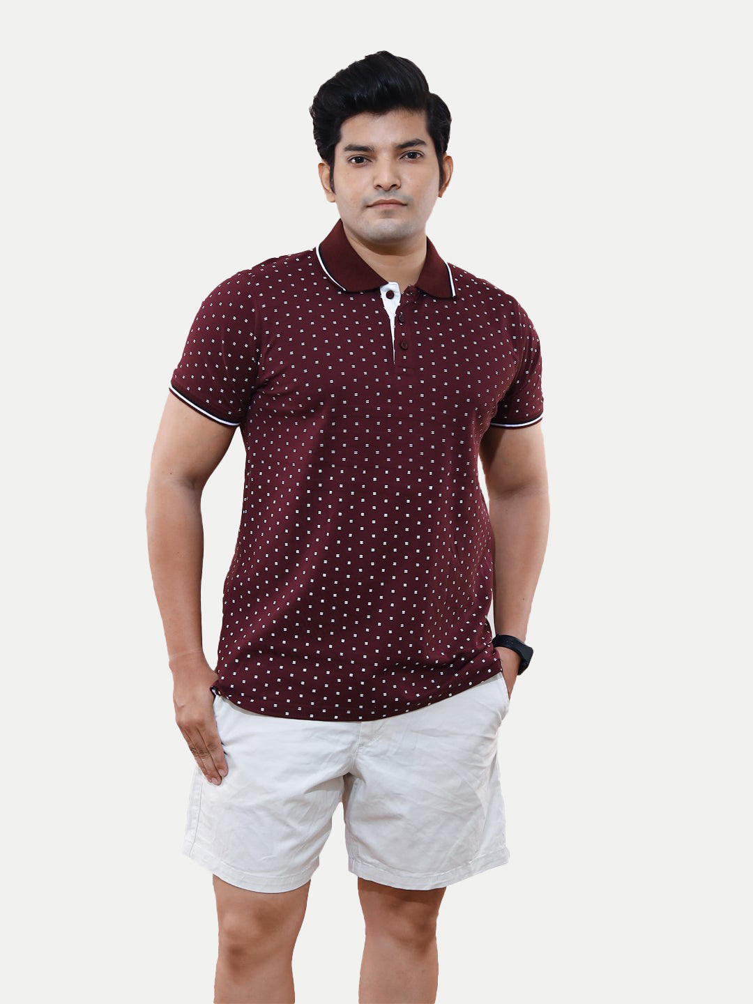 Radprix Men Burgundy ditsy printed casual loose Fit Polo T-shirt