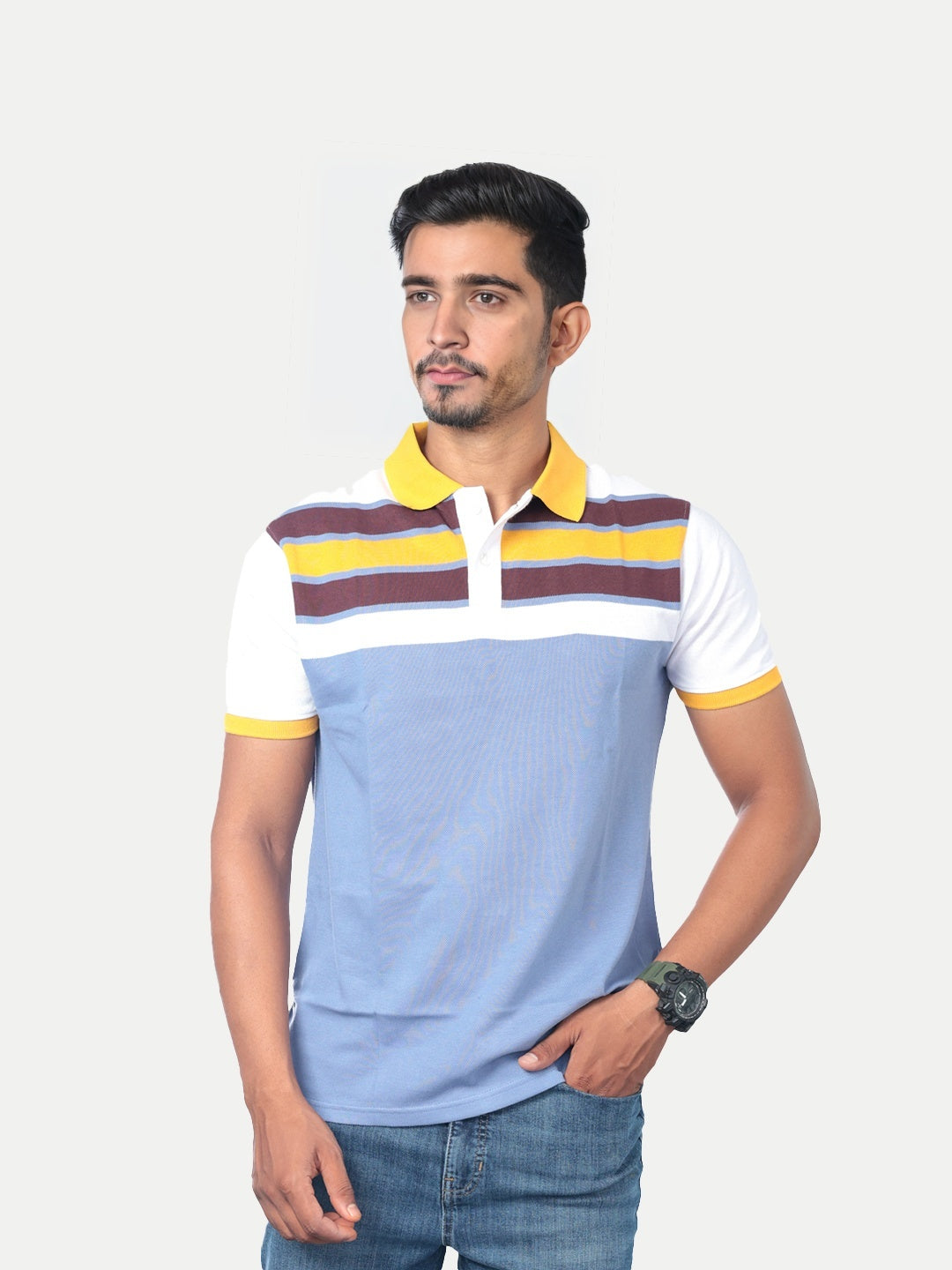 Radprix Men Light Blue Colour-blocked Polo T-Shirt