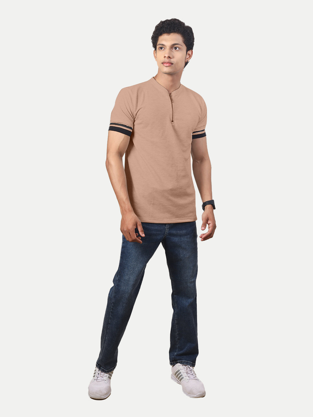 Radprix Men Solid Tees Henley Neck- Beige Colour