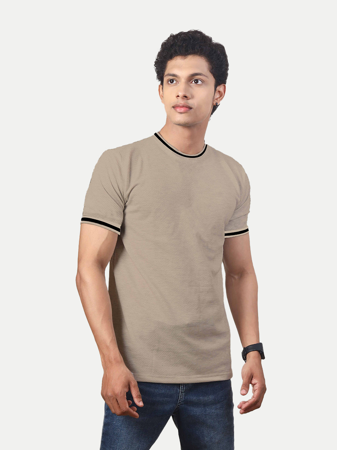 Radprix Men Beige Crew Neck Tee with Sleeve Print