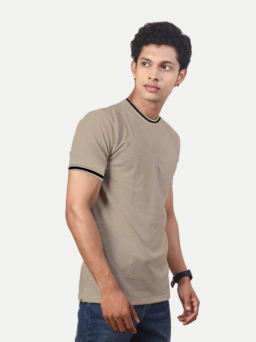 Radprix Men Beige Crew Neck Tee with Sleeve Print