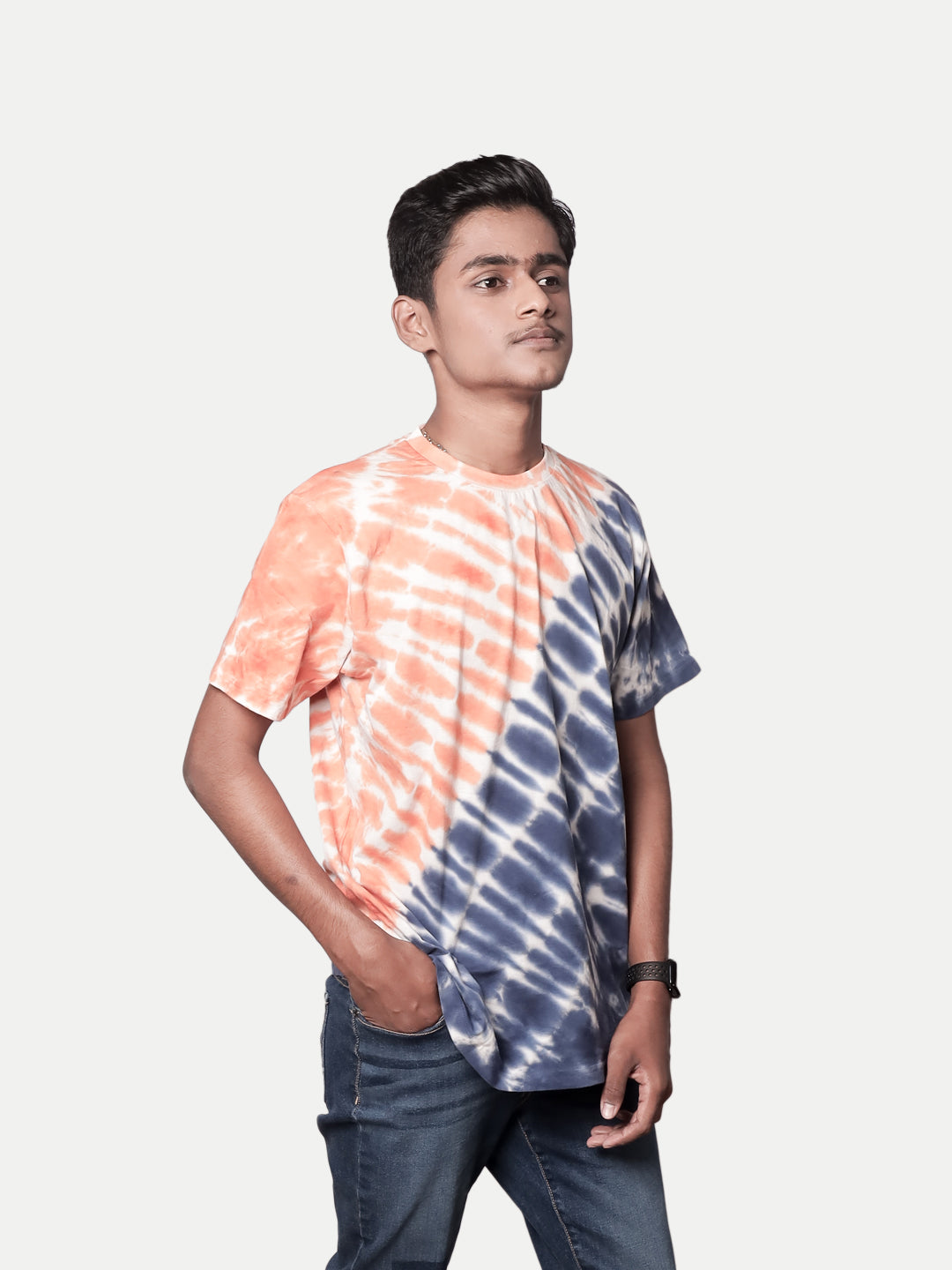 Radprix Men Orange and Blue Tie and Dye Cotton Crew Neck Tee