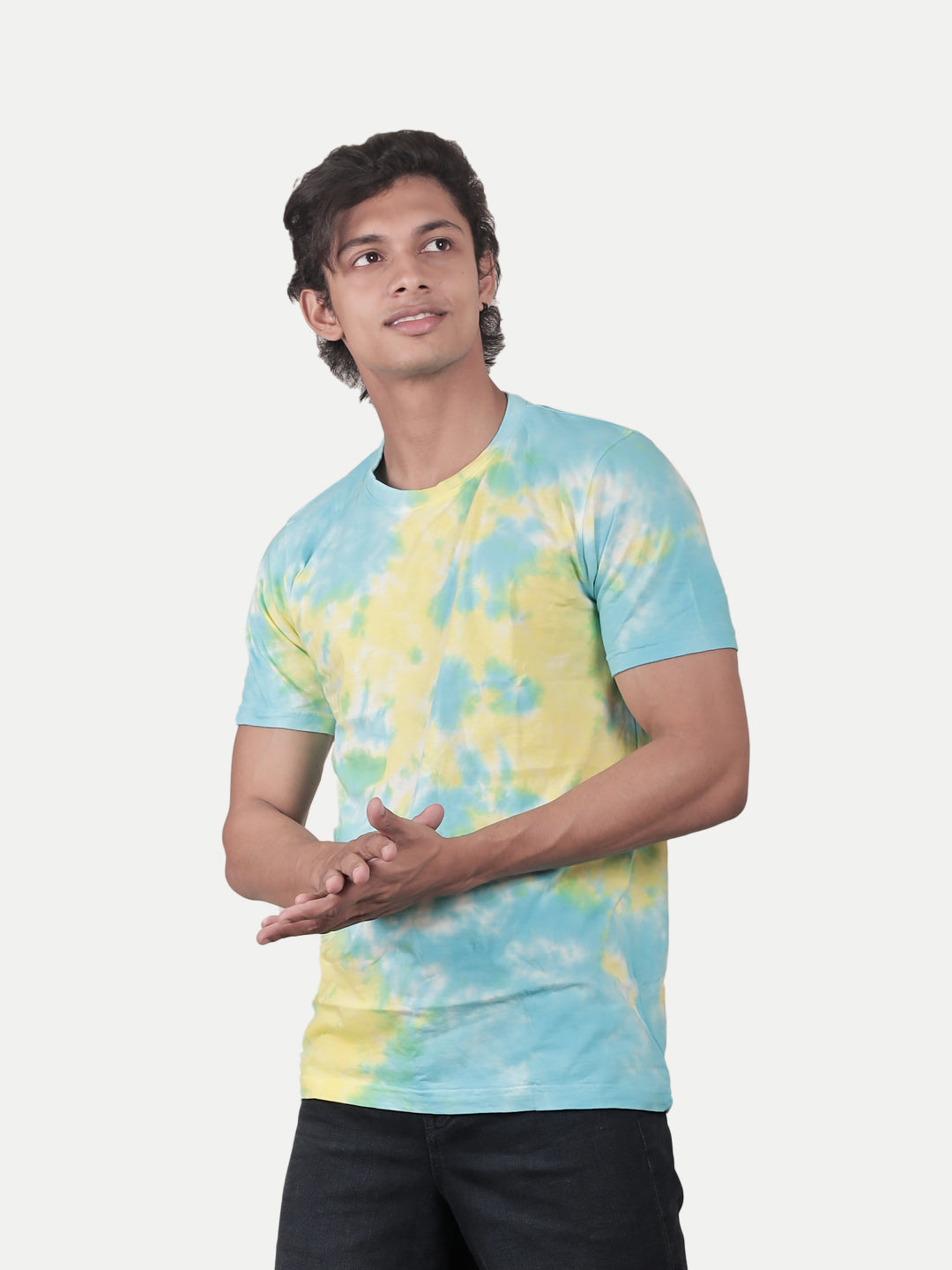 Radprix Men Blue and Yellow Tie and Dye Cotton Crew Neck T-Shirt