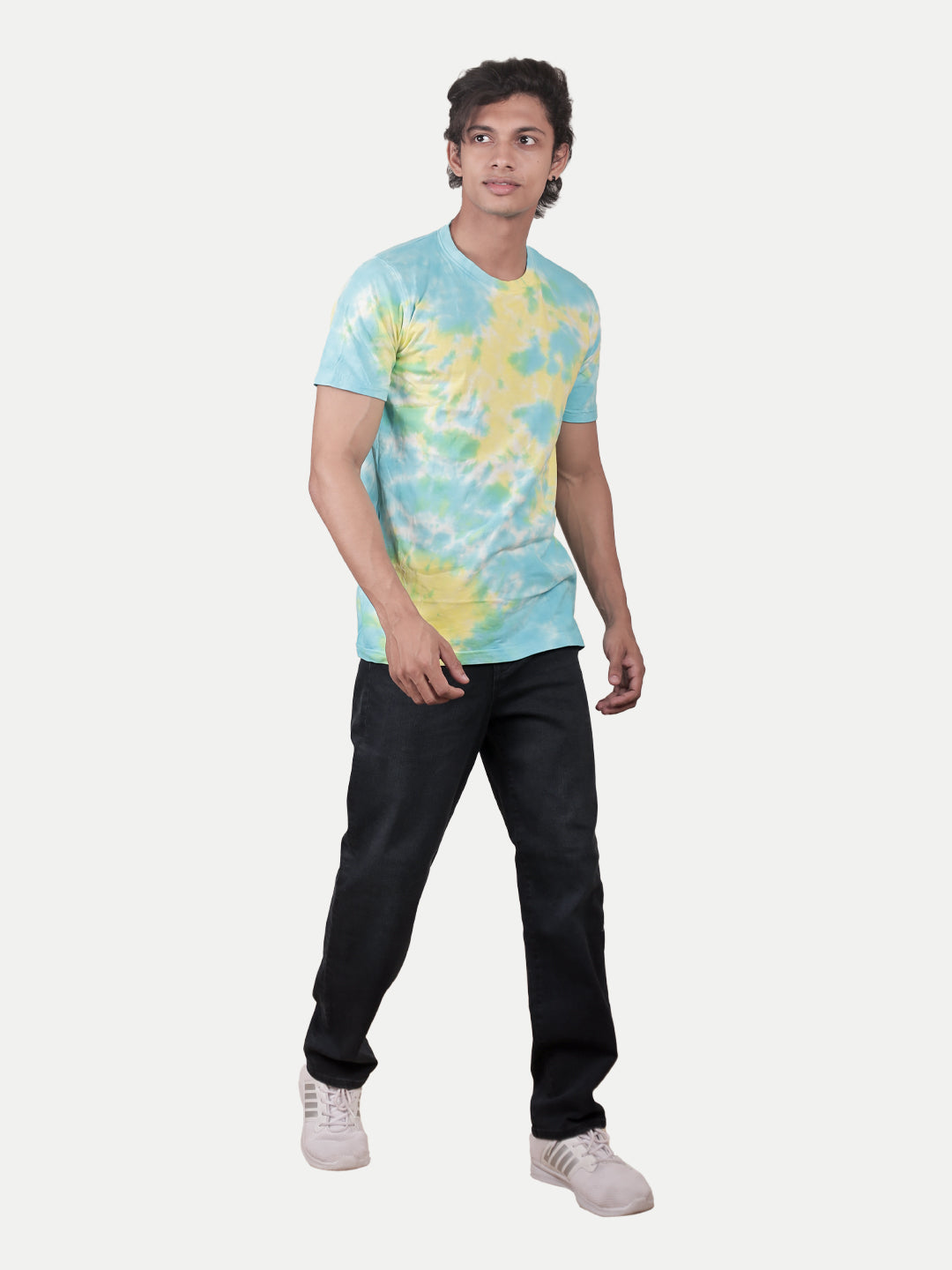 Radprix Men Blue and Yellow Tie and Dye Cotton Crew Neck T-Shirt