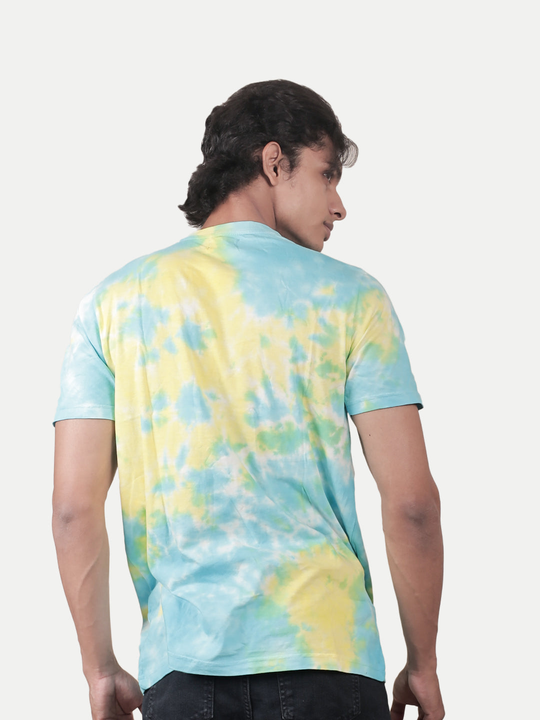 Radprix Men Blue and Yellow Tie and Dye Cotton Crew Neck T-Shirt