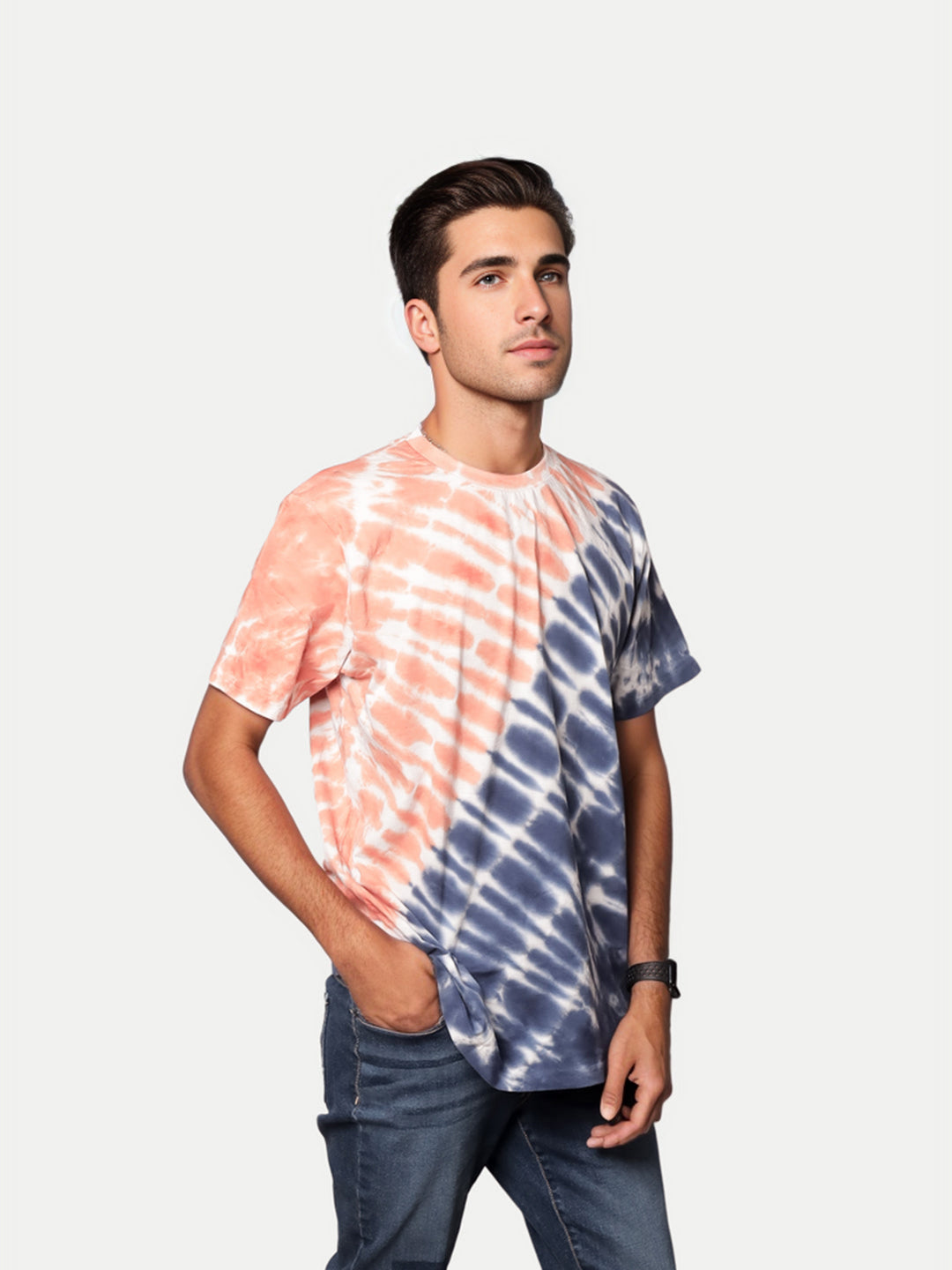 Radprix Men Orange and Blue Tie and Dye Cotton Crew Neck T-Shirt