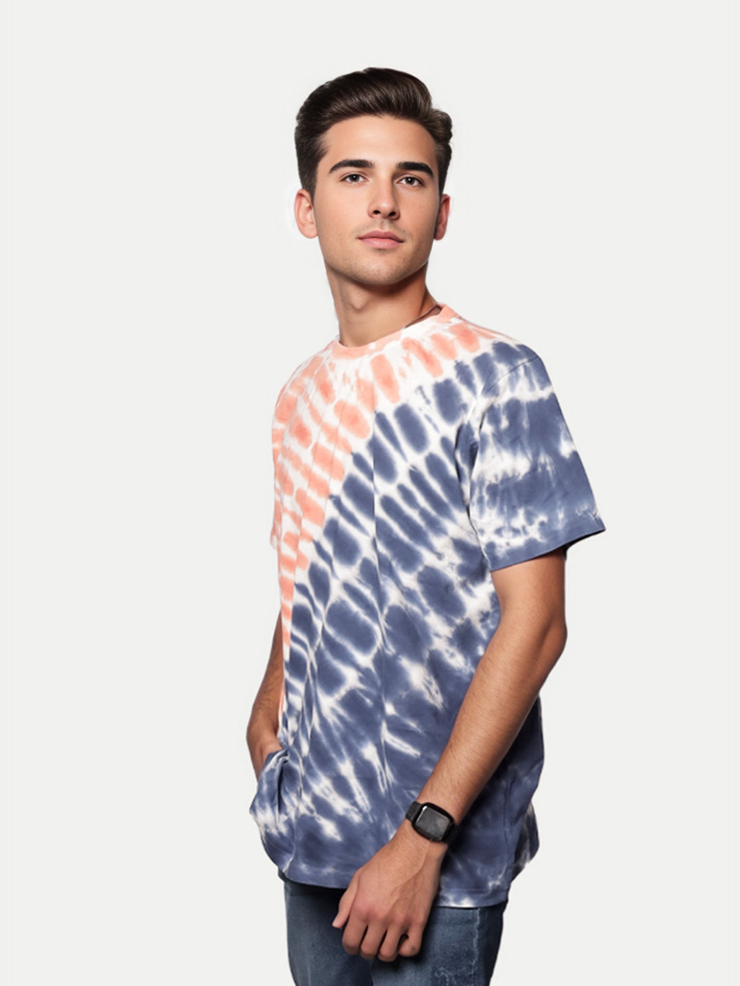 Radprix Men Orange and Blue Tie and Dye Cotton Crew Neck T-Shirt