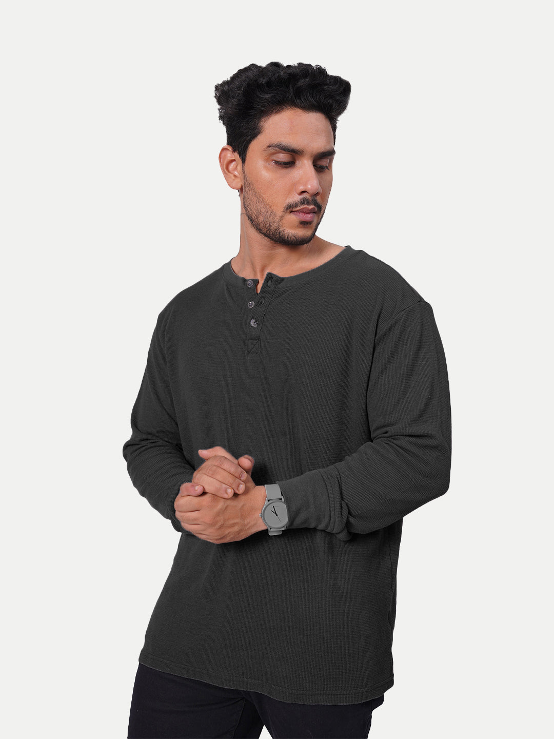 Radprix Men Black Full Sleeve Henley Neck T-Shirt