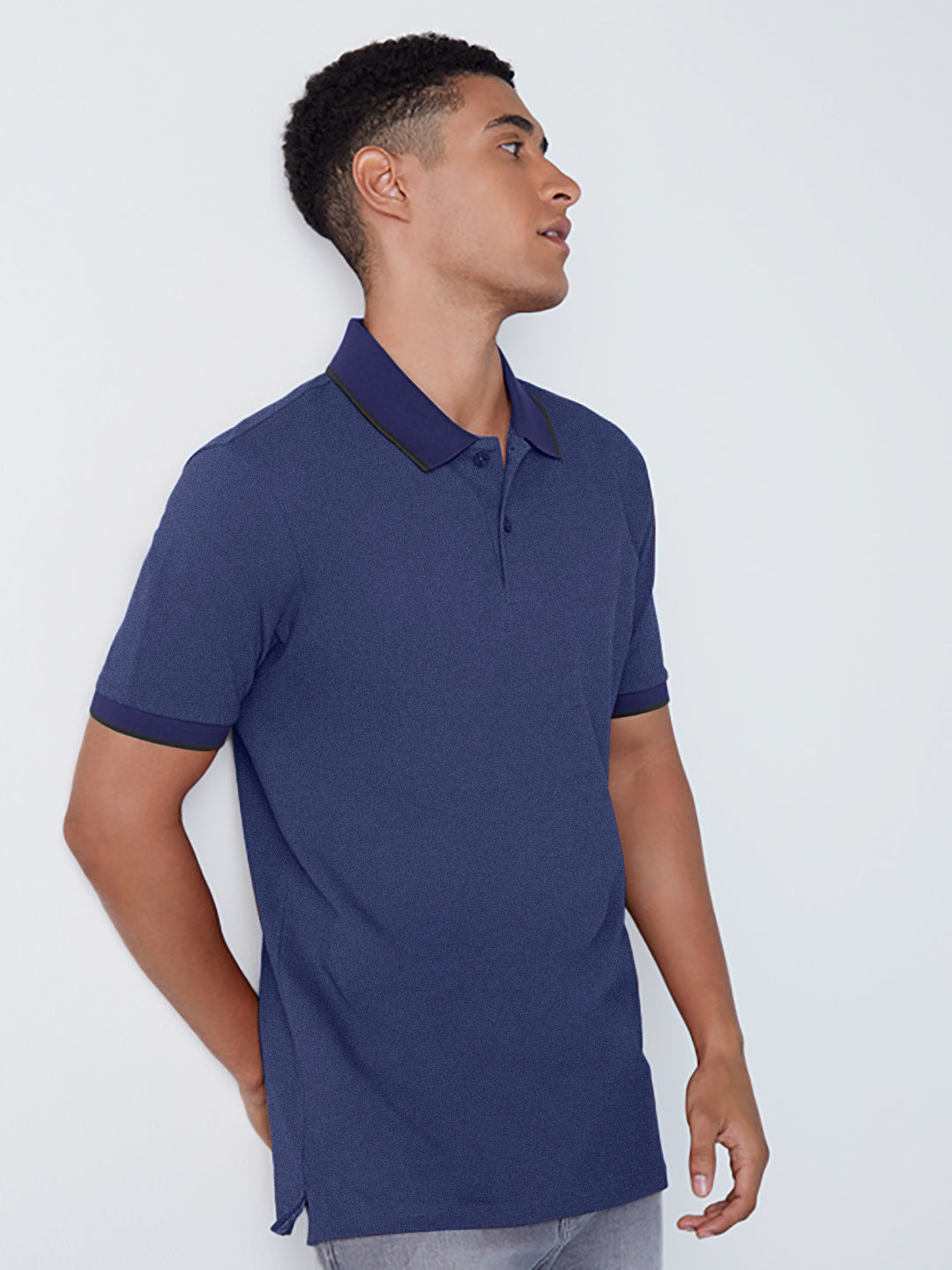 Radprix Men Navy Cotton Jacquard Collar Polo T Shirt