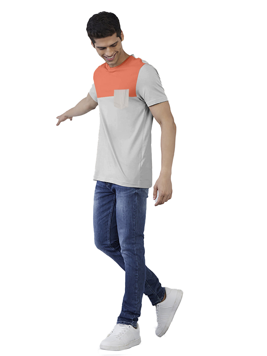 Radprix Men Solid Block Grey and Orange Cotton Slim Fit Polo T-shirt