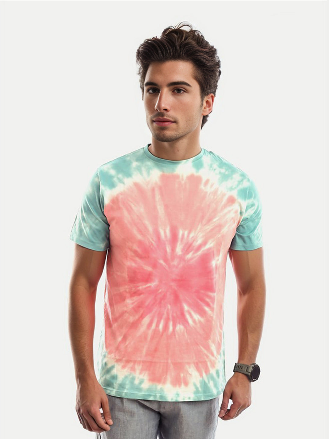 Radprix Men Pink Cotton Tie and Dye Crew Neck T-Shirt