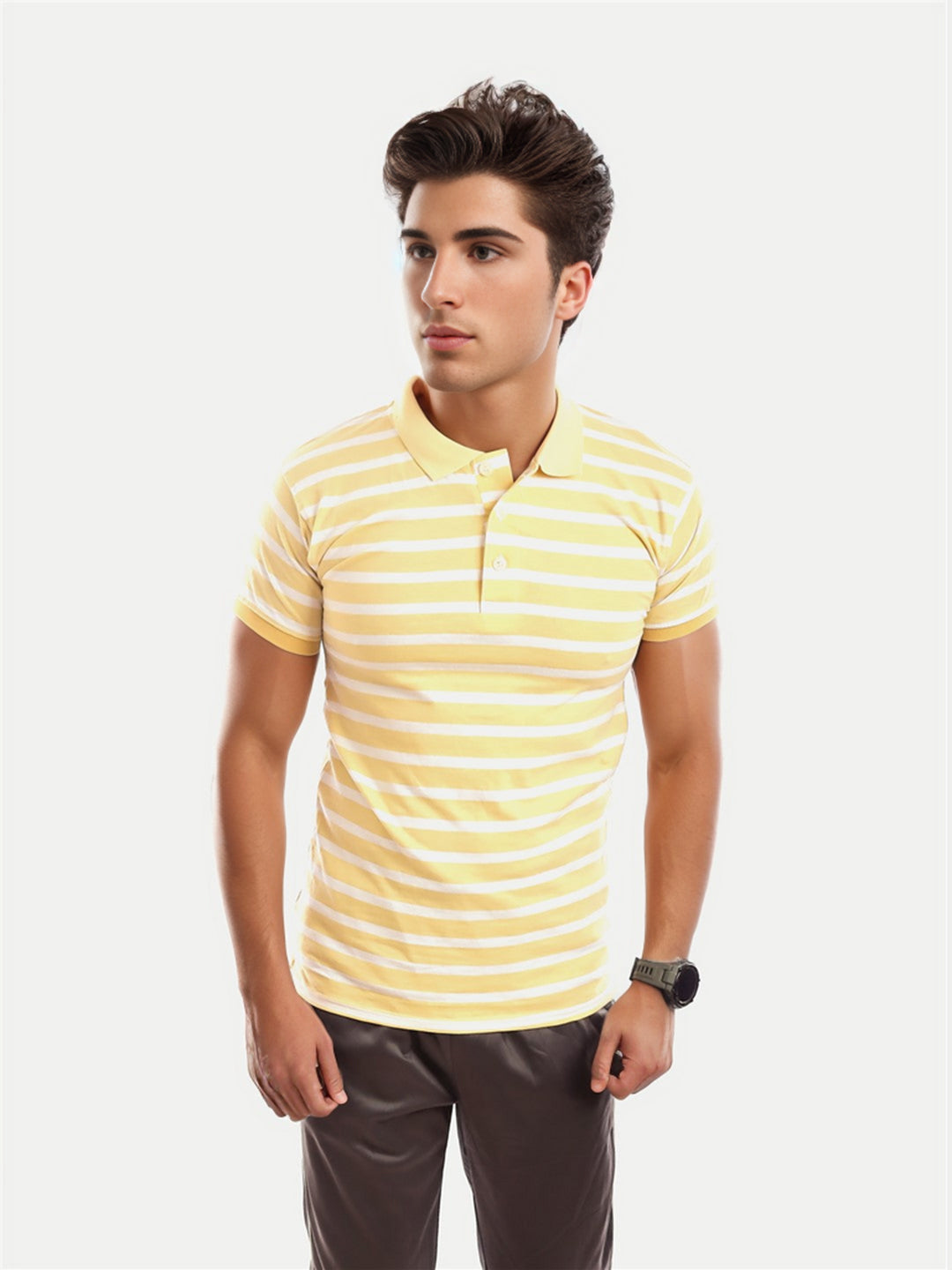 Radprix Men Yellow Fashion Striped Cotton Polo T-shirt