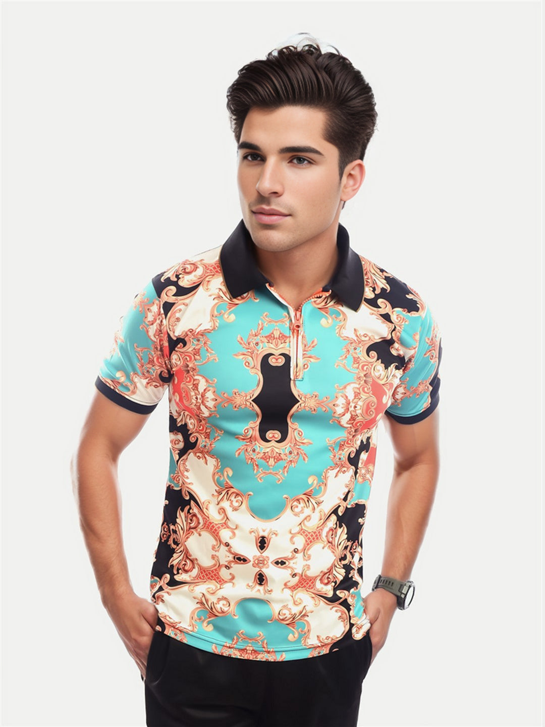 Radprix Men Aqua Printed Active Zipper Polo T-Shirt