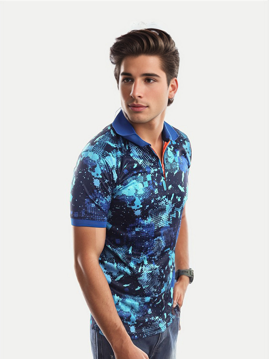 Radprix Men Blue Printed Active Zipper Polo T-Shirt