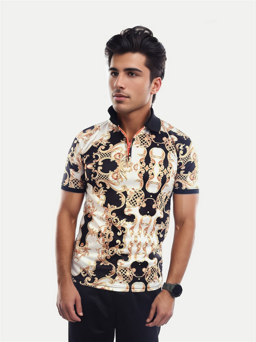 Radprix Men White and Black All Over Printed Slim Fit Zipper Polo T-shirt