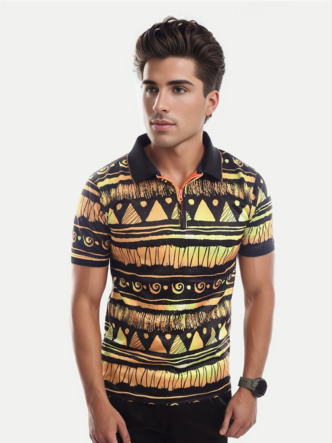 Radprix Men Yellow and Black All Over Printed Slim Fit Zipper Polo T-shirt