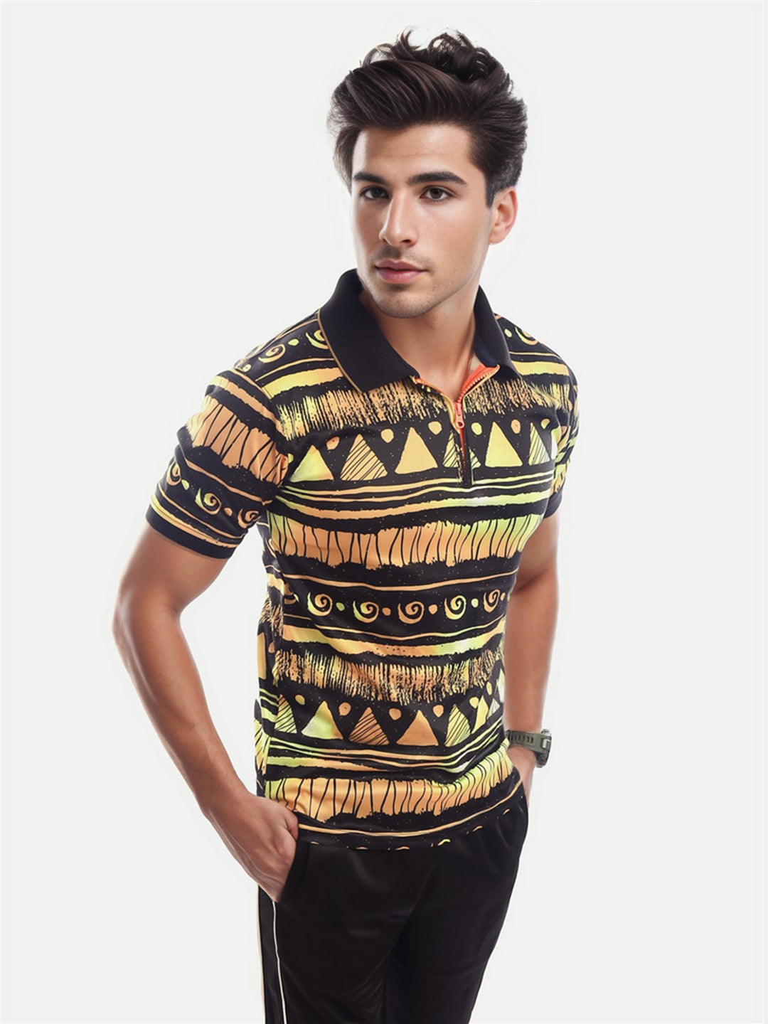 Radprix Men Yellow and Black All Over Printed Slim Fit Zipper Polo T-shirt