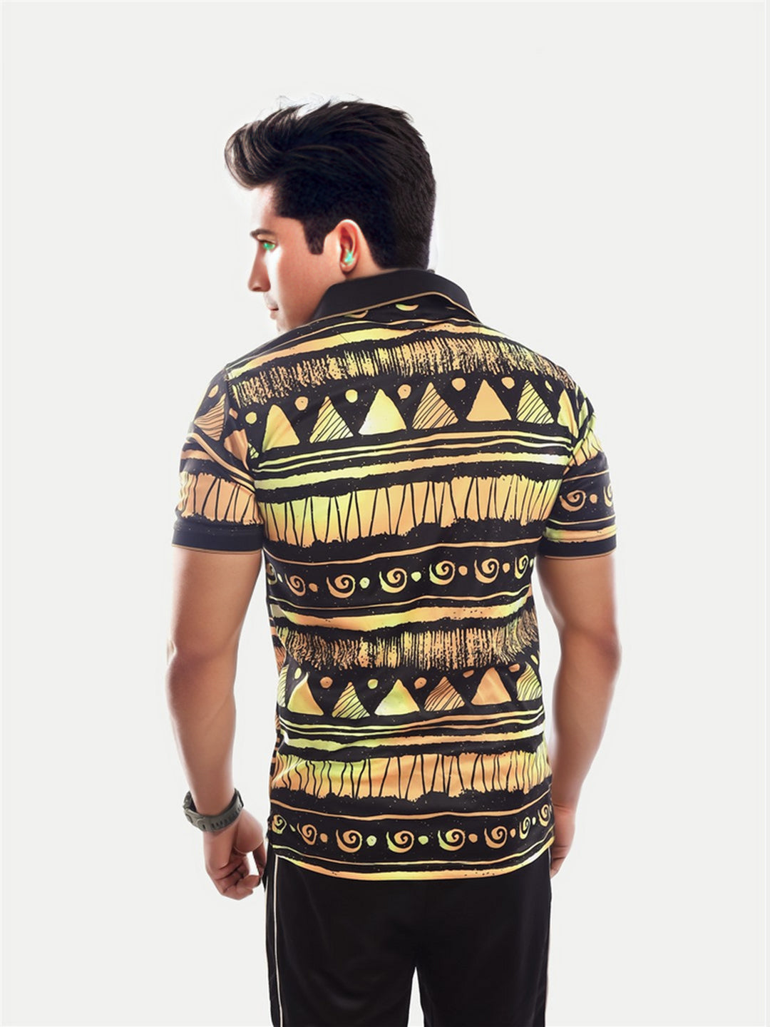 Radprix Men Yellow and Black All Over Printed Slim Fit Zipper Polo T-shirt