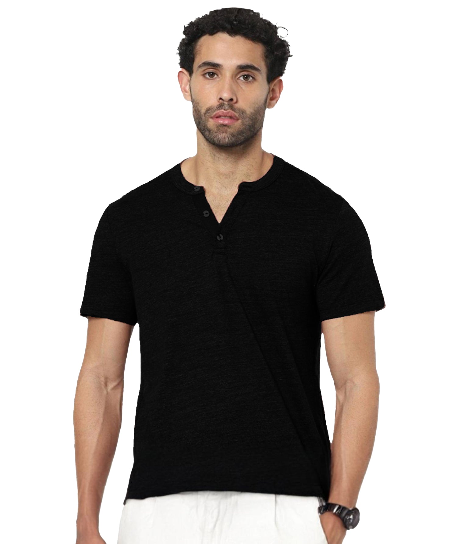 Radprix Men Solid Black Cotton Henley T-shirts