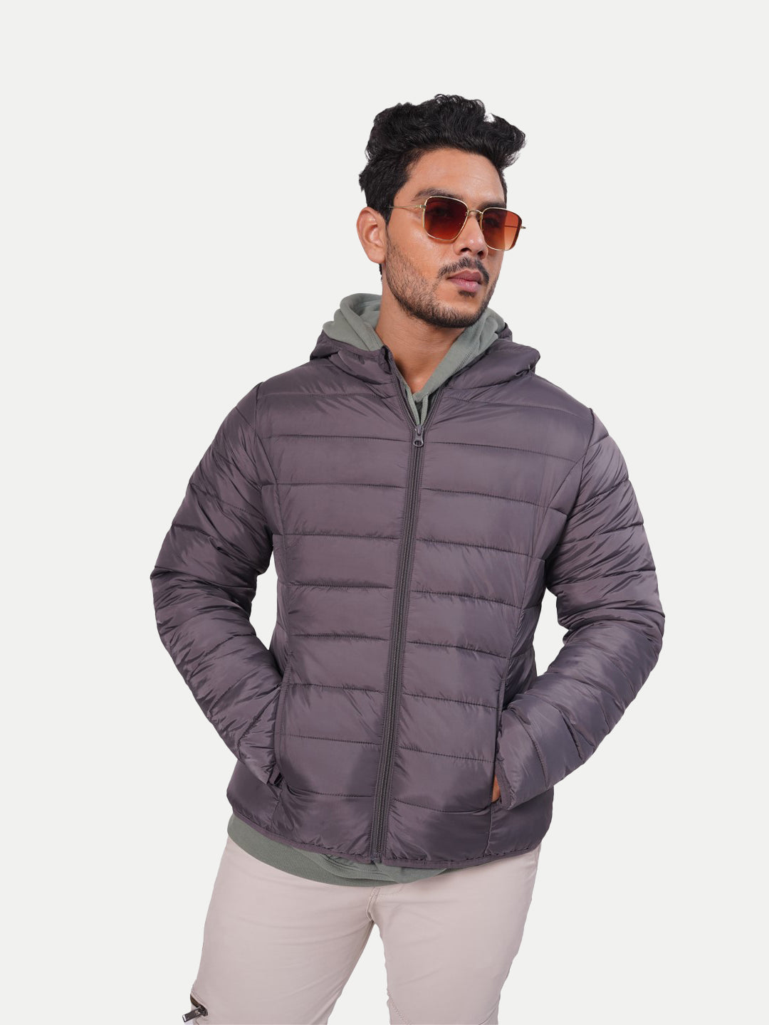 Radprix Men Classic Violet puffed quilted Jacket with side pockets and hoodie