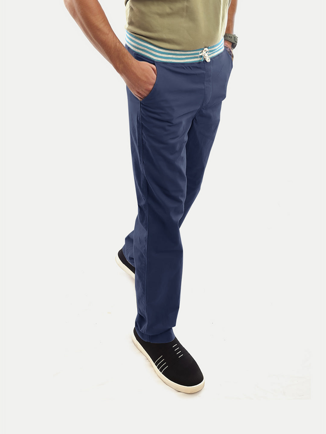 Radprix Men Solid Dark Blue Twill Trouser With Elastic Waist Band