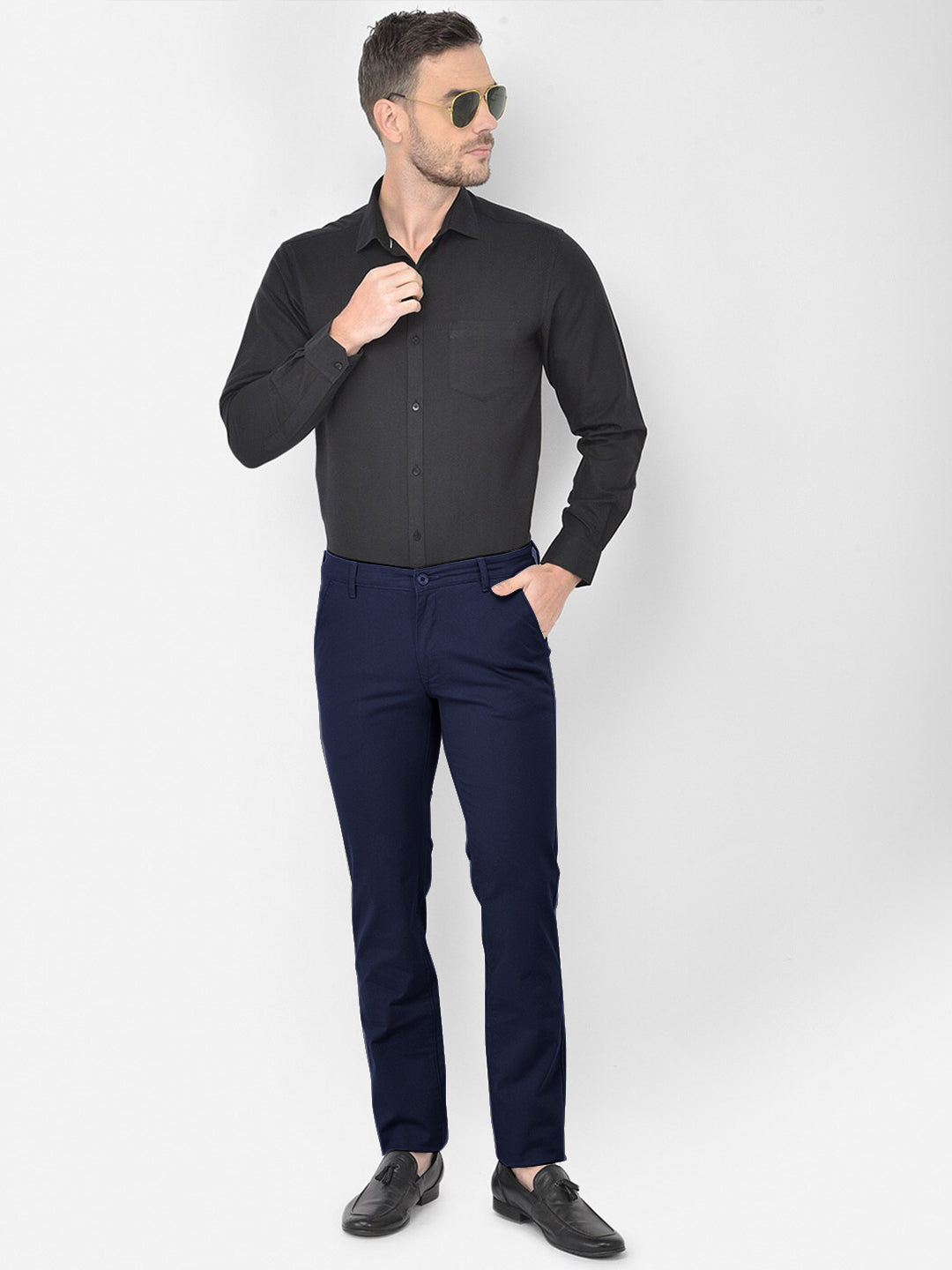 Radprix Men Dark Navy Blue Solid Chinos Trousers